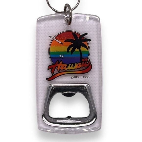 Vintage Keychain Bottle Opener Hawaii Rainbow Palms Sunset Seagulls 1983 - Picture 1 of 12
